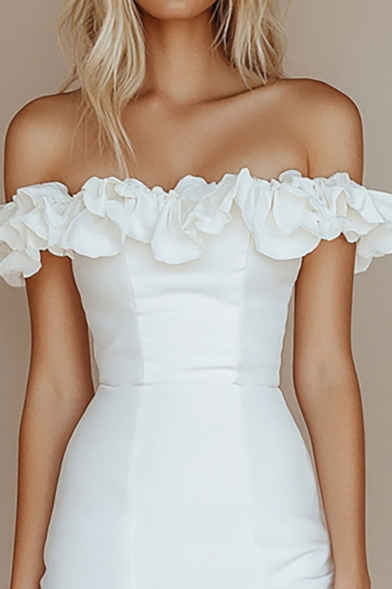 Load image into Gallery viewer, White Off the Shoulder Bodycon Graduation Dress with Ruffles