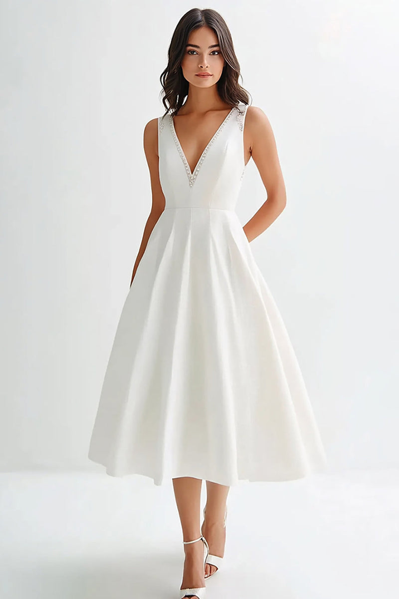 Queendancer Women White A Line V-Neck Graduation Dress with Beading Satin Tea Length Little White Dress queendanceruk Queendancer Women White A Line V-Neck Graduation Dress with Beading Satin Tea Length Little White Dress queendanceruk