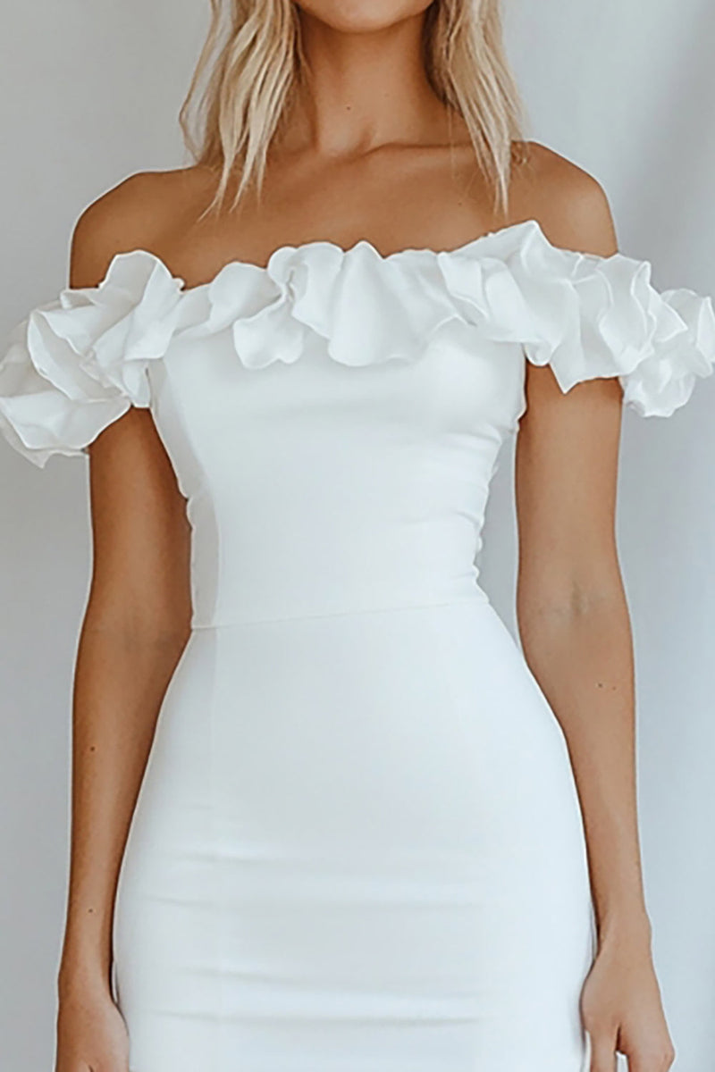Load image into Gallery viewer, Off the Shoulder White Bodycon Graduation Dress with Ruffles