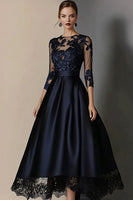 Load image into Gallery viewer, Women Elegant Navy Satin Mother of the Bride Dress with Lace Appliques Plus Size A Line Scoop Neck 3/4 Sleeves Tea Length Prom Dress