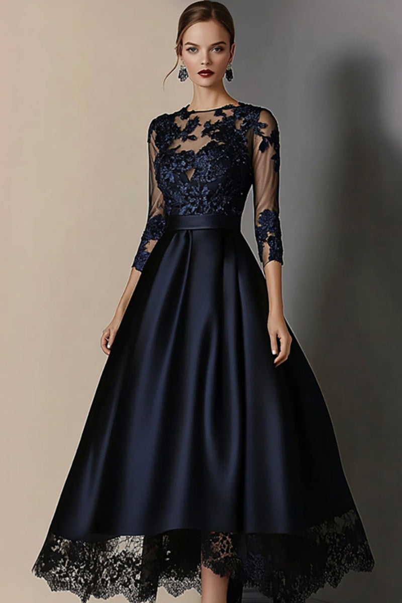 Load image into Gallery viewer, Women Elegant Navy Satin Mother of the Bride Dress with Lace Appliques Plus Size A Line Scoop Neck 3/4 Sleeves Tea Length Prom Dress