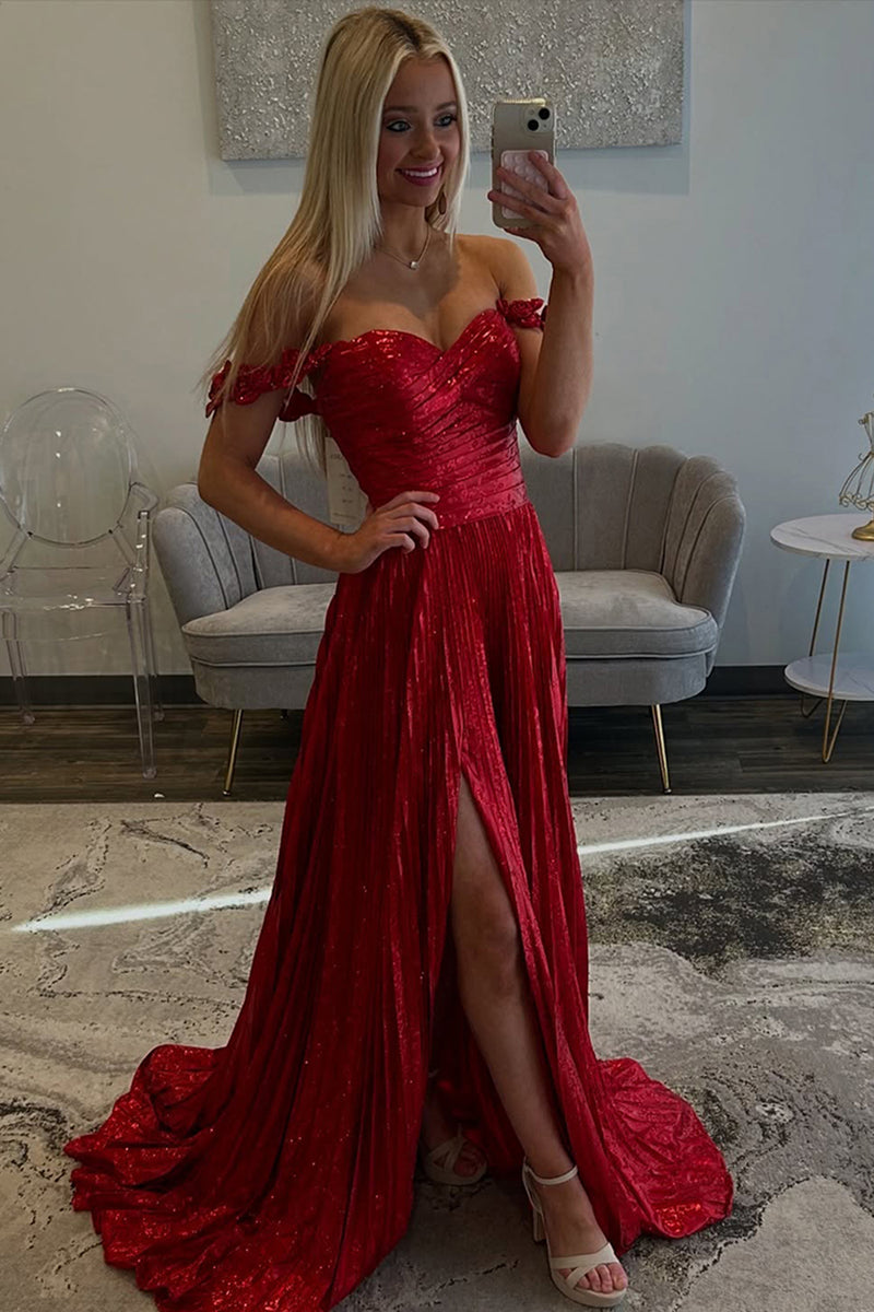 Load image into Gallery viewer, Sparkly Red Metallic Pleated Long Prom Dress with Slit