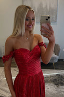 Load image into Gallery viewer, Sparkly Red Metallic Pleated Long Prom Dress with Slit