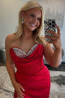 Load image into Gallery viewer, Red Corset Beaded Sweetheart Mermaid Long Prom Dress with Slit