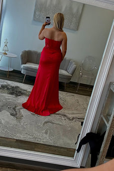 Red Corset Beaded Sweetheart Mermaid Long Prom Dress with Slit