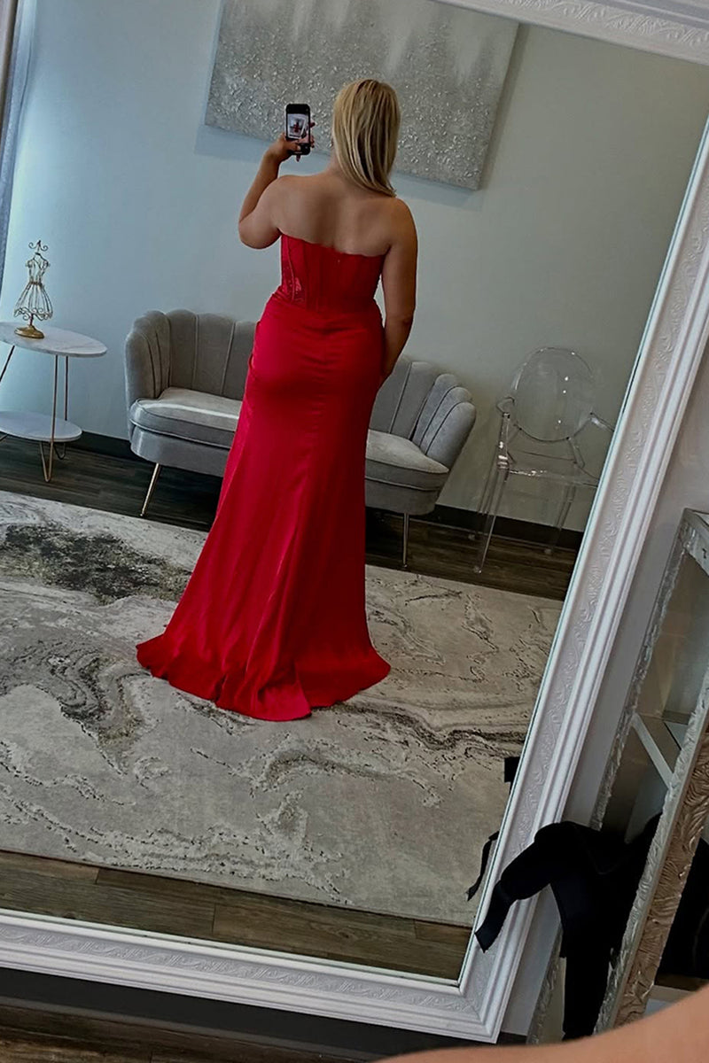Load image into Gallery viewer, Red Corset Beaded Sweetheart Mermaid Long Prom Dress with Slit