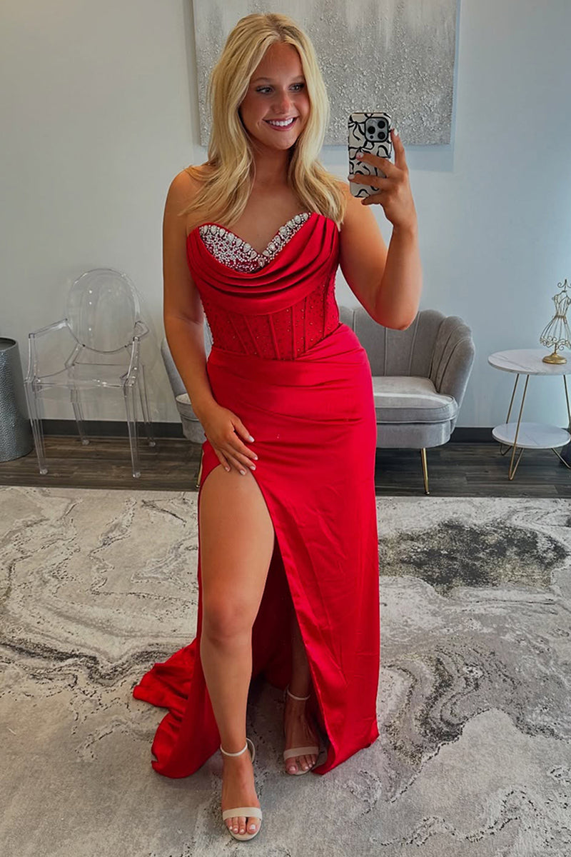 Load image into Gallery viewer, Red Corset Beaded Sweetheart Mermaid Long Prom Dress with Slit