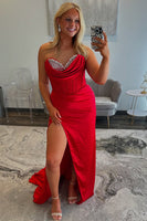 Load image into Gallery viewer, Red Corset Beaded Sweetheart Mermaid Long Prom Dress with Slit