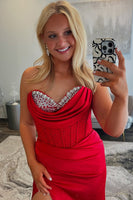 Load image into Gallery viewer, Red Corset Beaded Sweetheart Mermaid Long Prom Dress with Slit