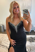 Load image into Gallery viewer, Sparkly Black Satin Beaded Mermaid Long Prom Dress with Slit