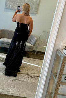 Sparkly Black Satin Beaded Mermaid Long Prom Dress with Slit