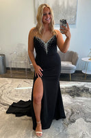 Load image into Gallery viewer, Sparkly Black Satin Beaded Mermaid Long Prom Dress with Slit