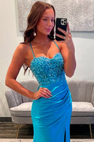 Load image into Gallery viewer, Blue Satin Corset Mermaid Long Prom Dress with Slit