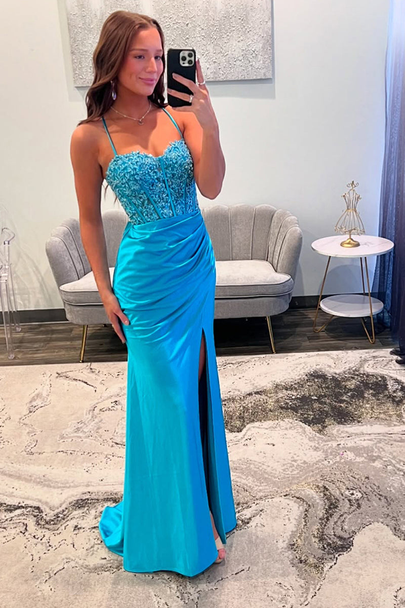 Load image into Gallery viewer, Blue Satin Corset Mermaid Long Prom Dress with Slit