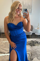 Load image into Gallery viewer, Royal Blue Satin Sweetheart Corset Long Prom Dress with Slit