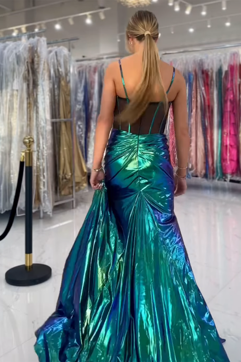 Load image into Gallery viewer, Green Metallic Corset Mermaid Long Prom Dress with Slit