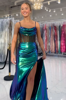 Load image into Gallery viewer, Green Metallic Corset Mermaid Long Prom Dress with Slit