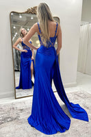 Load image into Gallery viewer, Black Satin Corset Mermaid Long Prom Dress with Slit