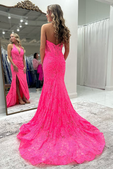 Pink Lace Mermaid Halter Corset Long Prom Dress with Slit