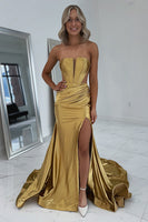 Load image into Gallery viewer, Gold Satin Corset Mermaid Long Prom Dress with Slit