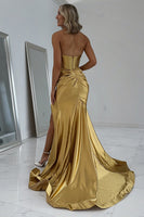 Load image into Gallery viewer, Gold Satin Corset Mermaid Long Prom Dress with Slit