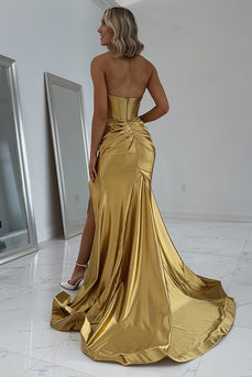 Gold Satin Corset Mermaid Long Prom Dress with Slit