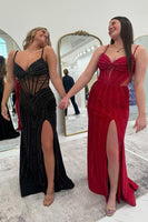 Load image into Gallery viewer, Sparkly Burgundy Corset Beaded Mermaid Long Prom Dress with Slit
