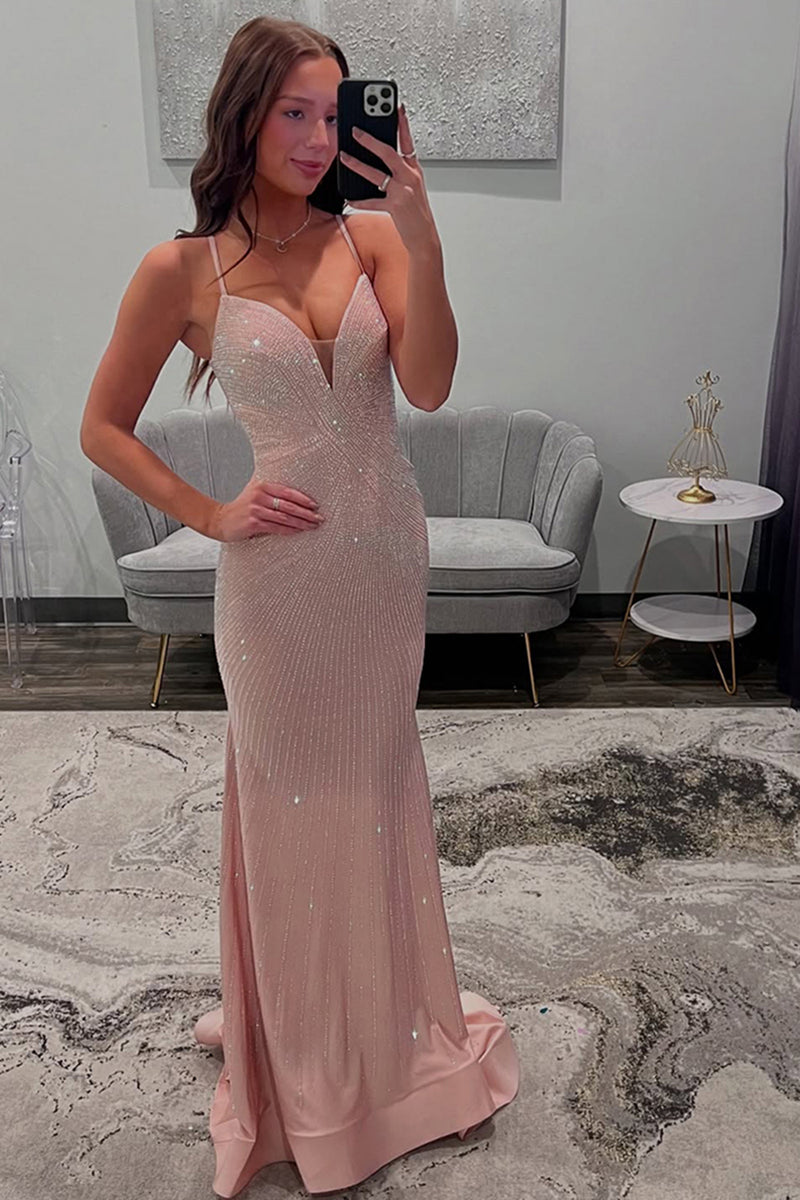 Load image into Gallery viewer, Sparkly Light Pink Satin Beaded Mermaid Long Prom Dress