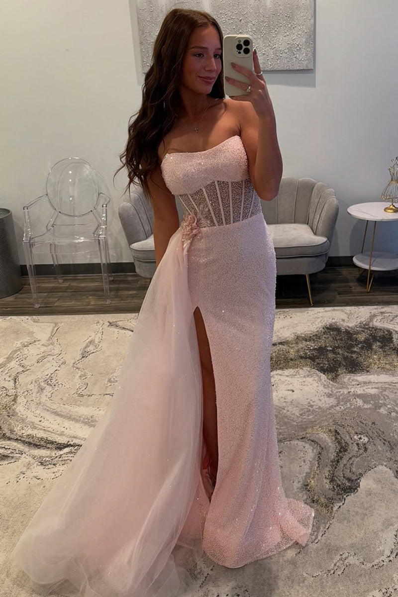 Load image into Gallery viewer, Sparkly Light Pink Sequin Corset Mermaid Long Prom Dress with Slit