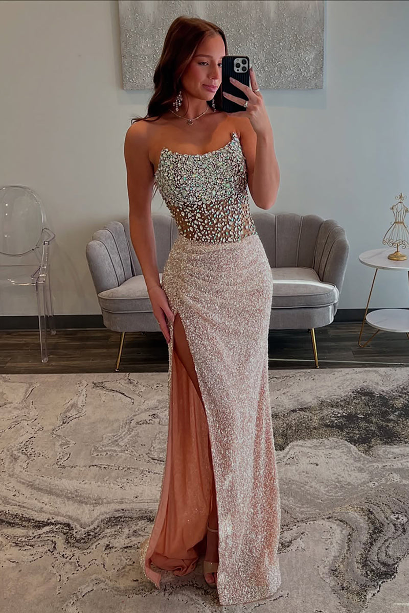 Load image into Gallery viewer, Sparkly Champagne Sequin Mermaid Long Prom Dress with Slit