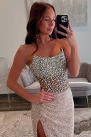 Load image into Gallery viewer, Sparkly Champagne Sequin Mermaid Long Prom Dress with Slit