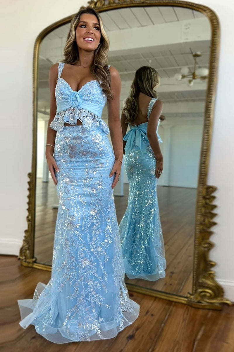 Load image into Gallery viewer, Blue Organza Mermaid Print Long Prom Dress with Lace