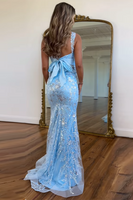 Load image into Gallery viewer, Blue Organza Mermaid Print Long Prom Dress with Lace