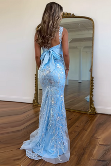 Blue Organza Mermaid Print Long Prom Dress with Lace