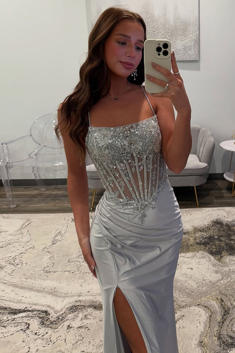 Load image into Gallery viewer, Sparkly Silver Satin Corset Mermaid Long Prom Dress with Slit