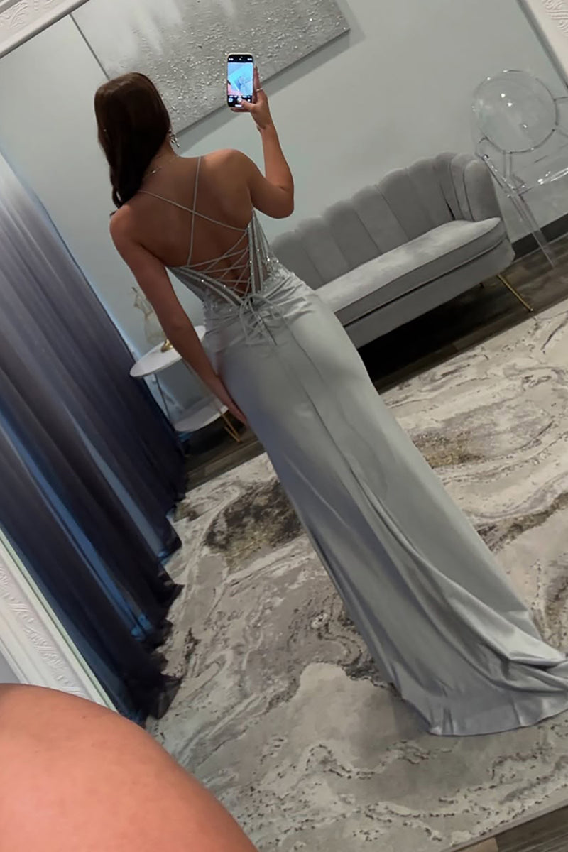 Load image into Gallery viewer, Sparkly Silver Satin Corset Mermaid Long Prom Dress with Slit