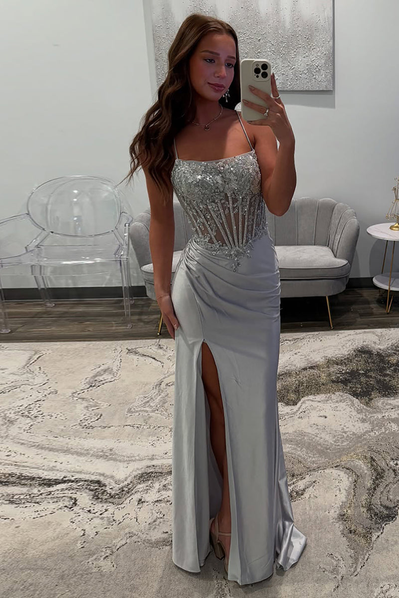 Load image into Gallery viewer, Sparkly Silver Satin Corset Mermaid Long Prom Dress with Slit