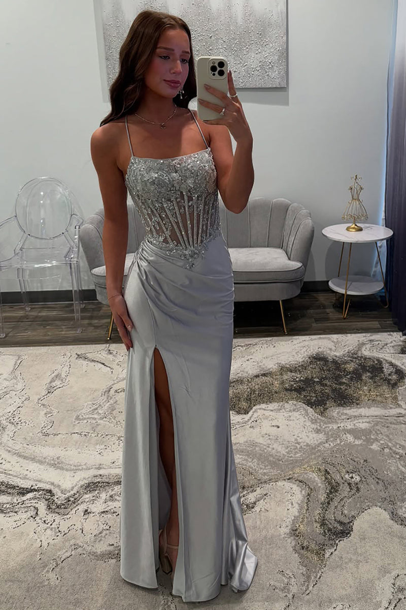 Load image into Gallery viewer, Sparkly Silver Satin Corset Mermaid Long Prom Dress with Slit
