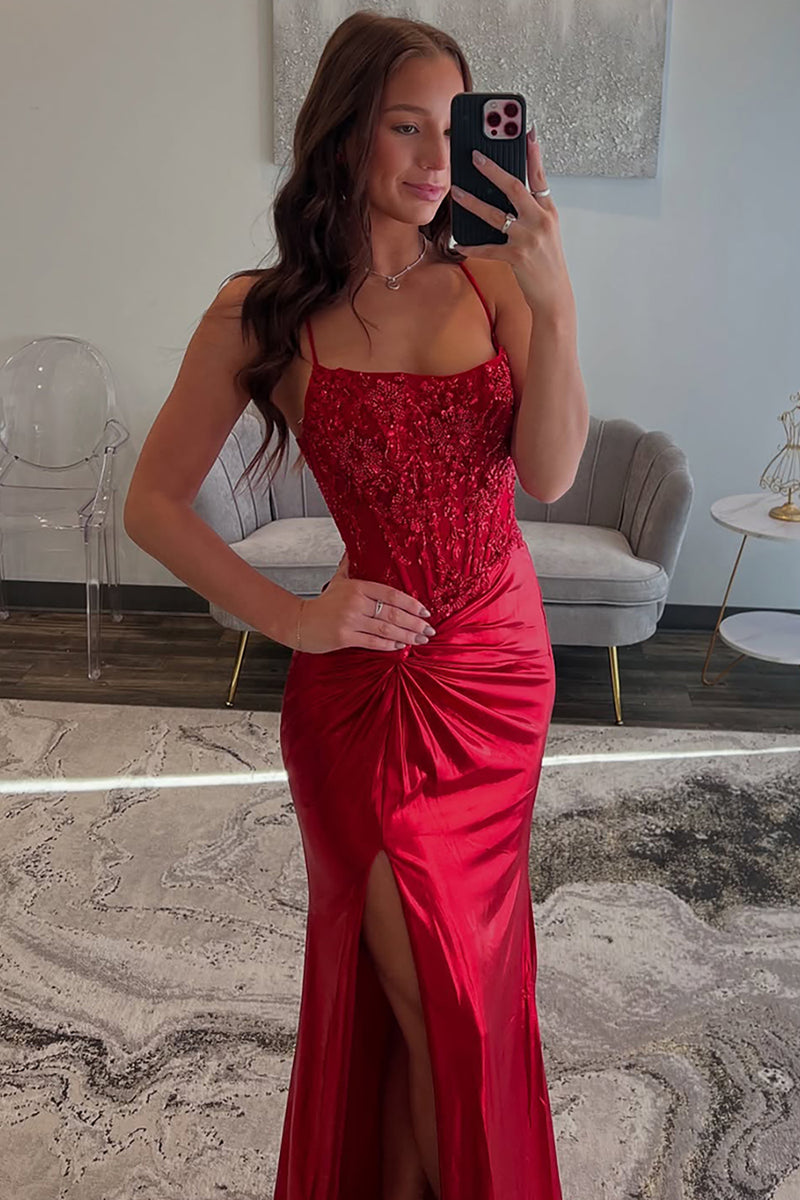 Load image into Gallery viewer, Red Satin Corset Mermaid Long Prom Dress with Slit