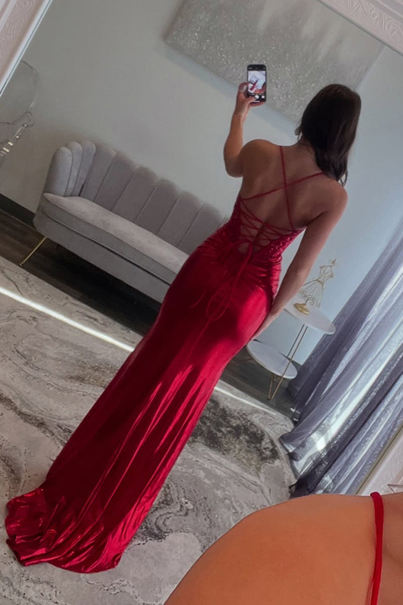 Load image into Gallery viewer, Red Satin Corset Mermaid Long Prom Dress with Slit