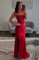Load image into Gallery viewer, Red Satin Corset Mermaid Long Prom Dress with Slit
