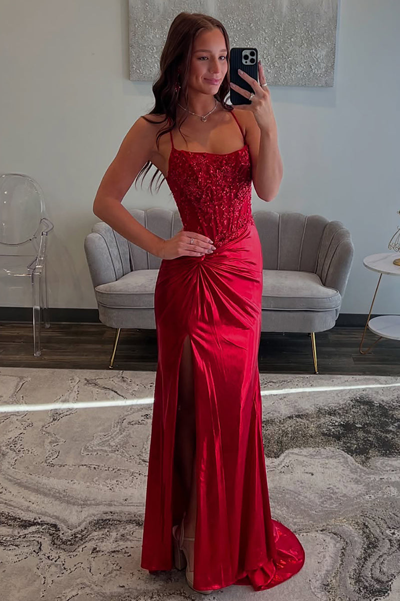 Load image into Gallery viewer, Red Satin Corset Mermaid Long Prom Dress with Slit