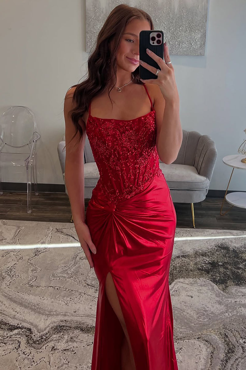 Load image into Gallery viewer, Red Satin Corset Mermaid Long Prom Dress with Slit