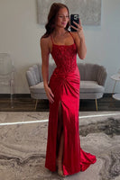 Load image into Gallery viewer, Red Satin Corset Mermaid Long Prom Dress with Slit