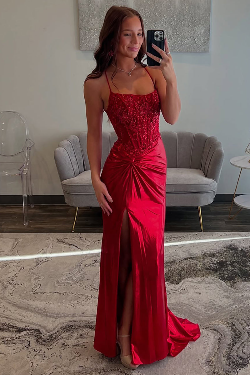 Load image into Gallery viewer, Red Satin Corset Mermaid Long Prom Dress with Slit