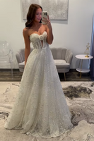 Load image into Gallery viewer, Princess Sparkly White Sequin Corset Ball Gown Long Prom Dress