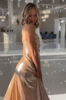 Load image into Gallery viewer, Metallic Gold A Line Sweetheart Long Prom Dress with Slit