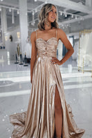Load image into Gallery viewer, Metallic Gold A Line Sweetheart Long Prom Dress with Slit