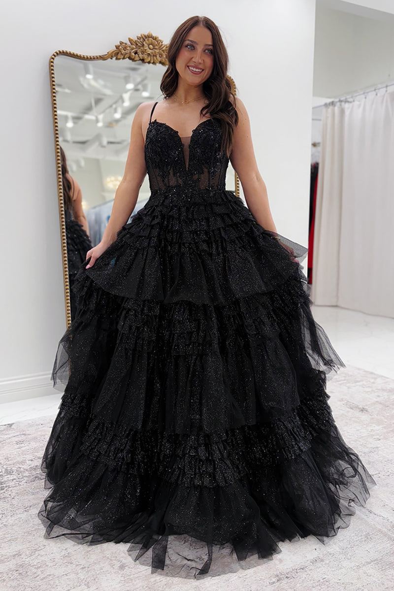Load image into Gallery viewer, Black A Line Tulle Corset Long Prom Dress with Appliques