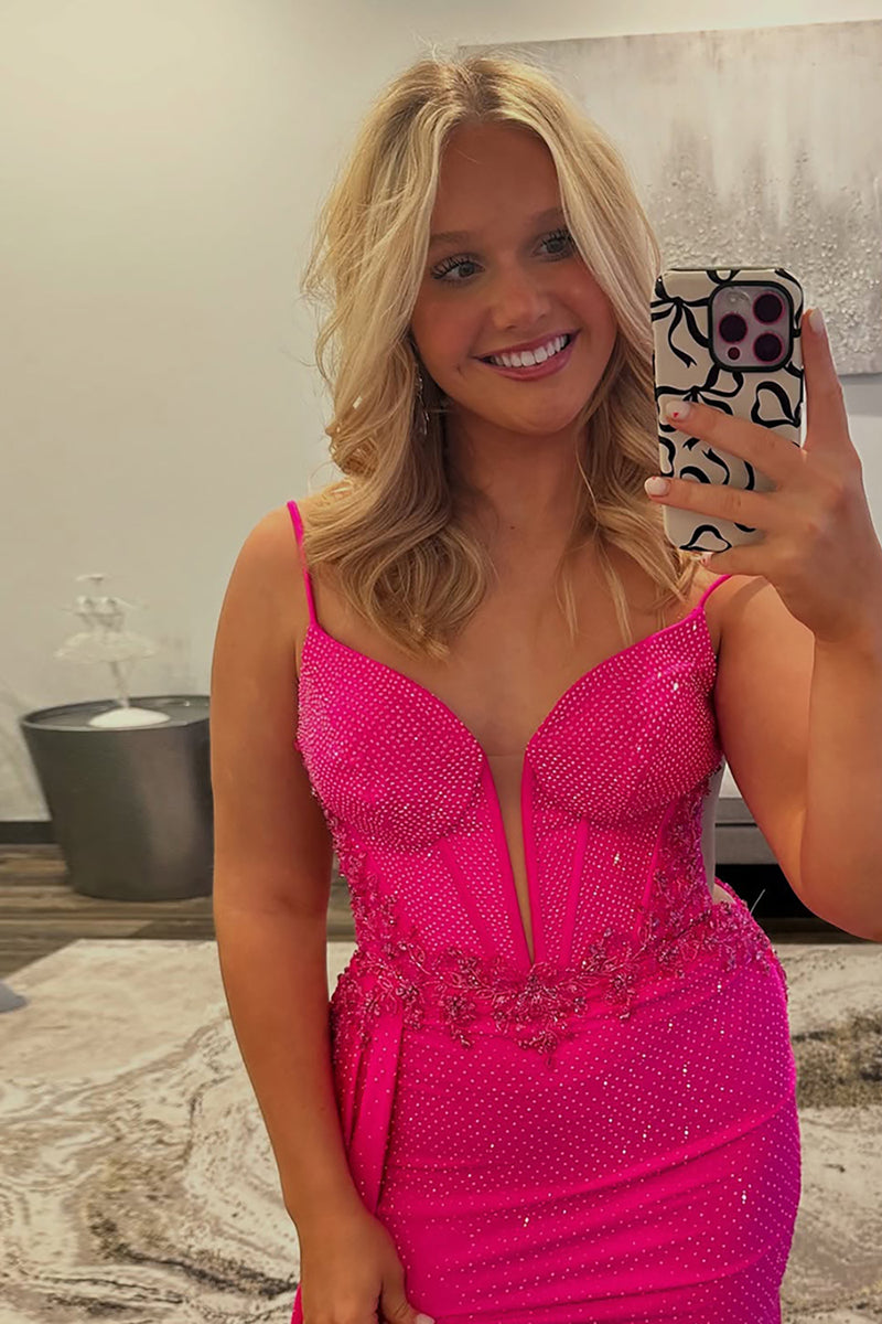 Load image into Gallery viewer, Fuchsia Sheath Satin Corset Long Prom Dress with Slit